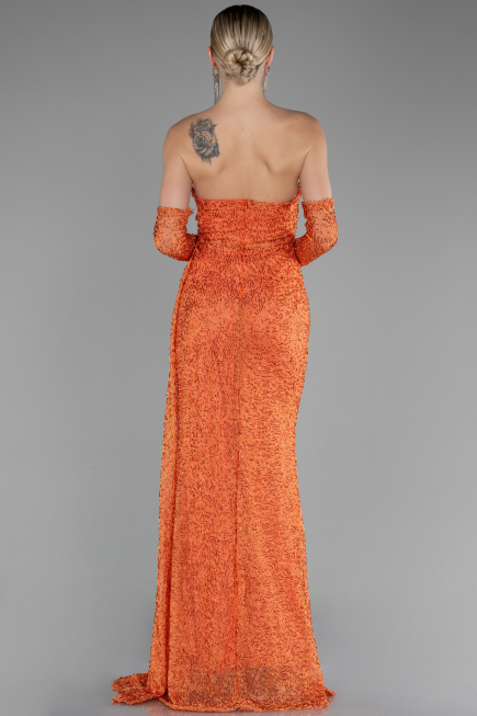Orange Strapless Stony Long Slit Prom Gown ABU4163