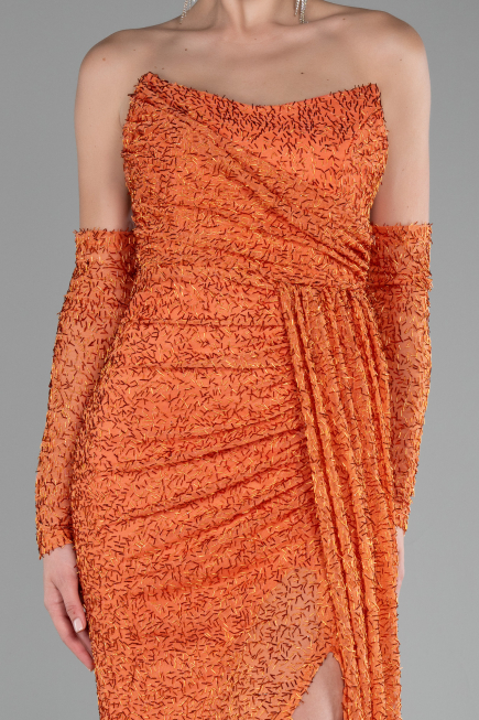 Orange Strapless Stony Long Slit Prom Gown ABU4163