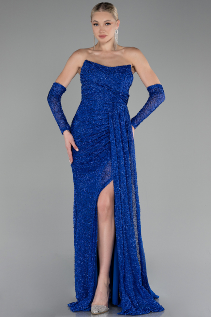 Sax Blue Strapless Stony Long Slit Prom Gown ABU4163