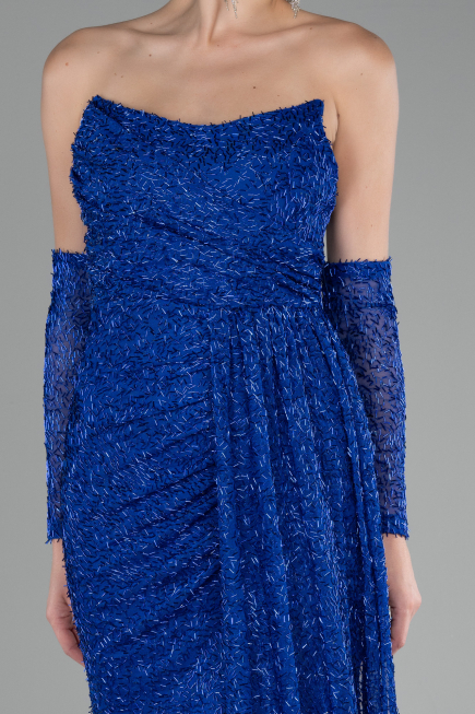 Sax Blue Strapless Stony Long Slit Prom Gown ABU4163