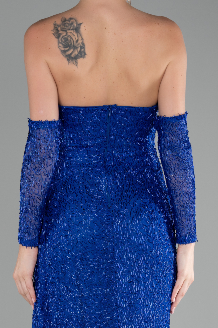 Sax Blue Strapless Stony Long Slit Prom Gown ABU4163