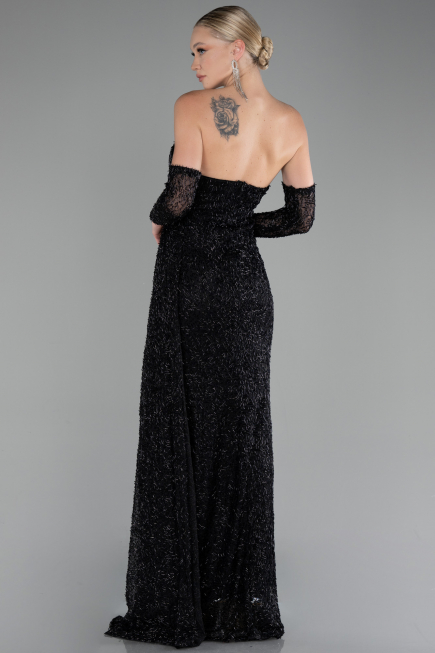 Black Strapless Stony Long Slit Prom Gown ABU4163
