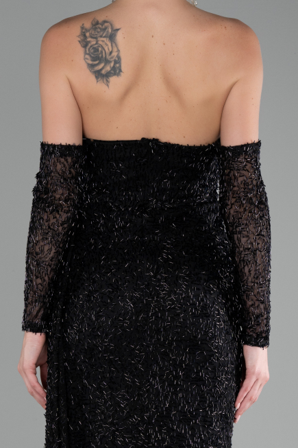 Black Strapless Stony Long Slit Prom Gown ABU4163