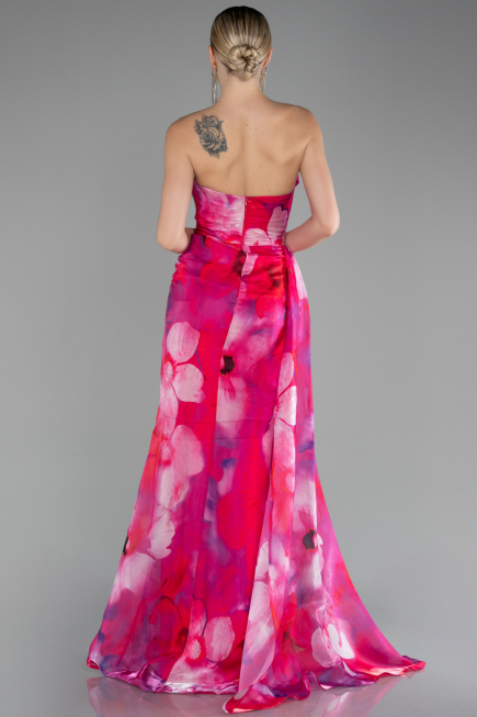Fuchsia Strapless Slit Long Printed Satin Prom Dress ABU4169