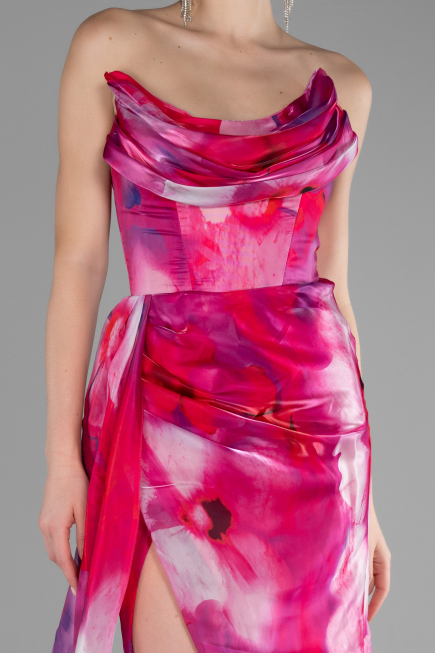 Fuchsia Strapless Slit Long Printed Satin Prom Dress ABU4169
