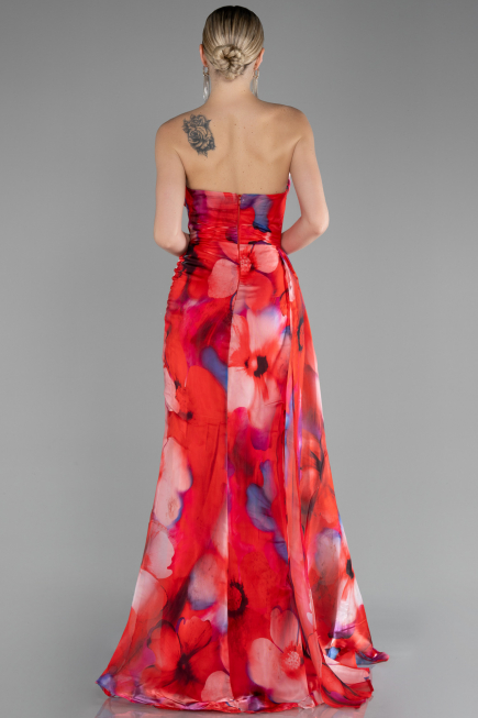 Red Strapless Slit Long Printed Satin Prom Dress ABU4169