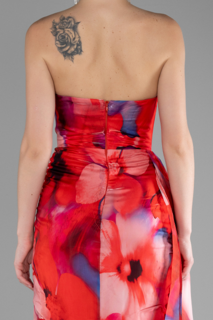 Red Strapless Slit Long Printed Satin Prom Dress ABU4169