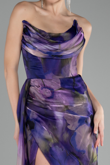 Purple Strapless Slit Long Printed Satin Prom Dress ABU4169