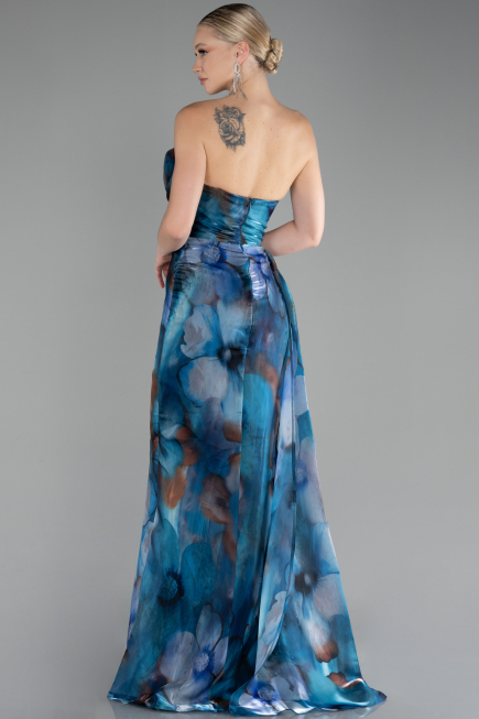 Oil Green Strapless Slit Long Printed Satin Prom Dress ABU4169