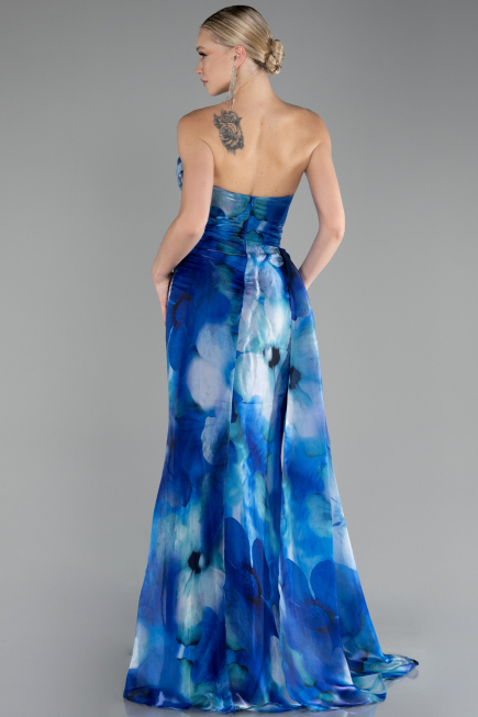 Sax Blue Strapless Slit Long Printed Satin Prom Dress ABU4169