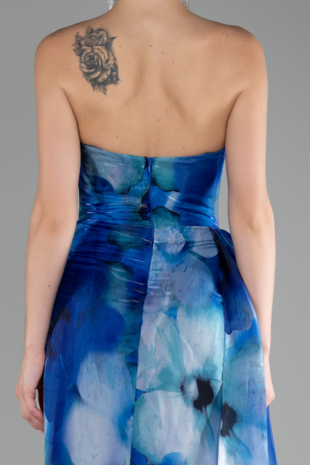 Sax Blue Strapless Slit Long Printed Satin Prom Dress ABU4169