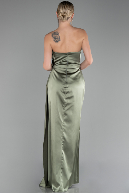Olive Drab Strapless Slit Long Satin Evening Dress ABU4174