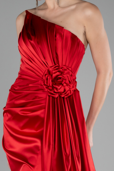Red Strapless Slit Long Satin Evening Dress ABU4174
