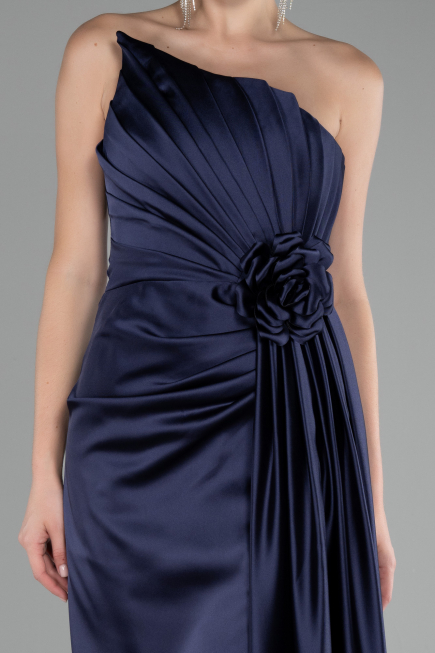 Navy Blue Strapless Slit Long Satin Evening Dress ABU4174