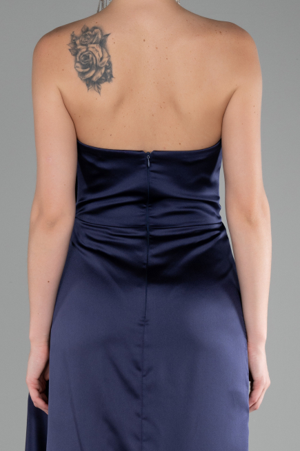 Navy Blue Strapless Slit Long Satin Evening Dress ABU4174