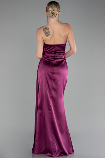Plum Strapless Slit Long Satin Evening Dress ABU4174