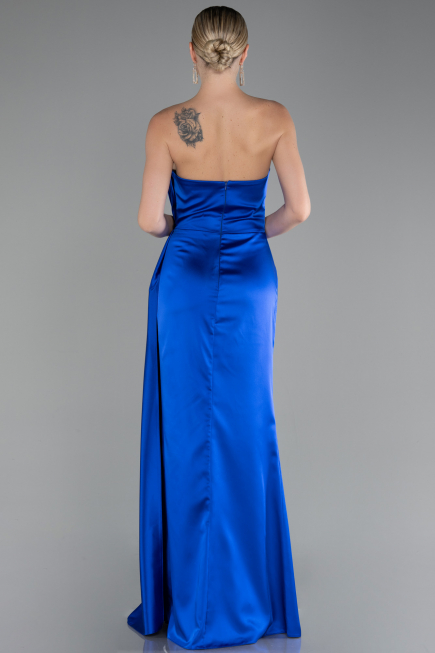 Sax Blue Strapless Slit Long Satin Evening Dress ABU4174