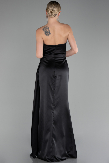 Black Strapless Slit Long Satin Evening Dress ABU4174