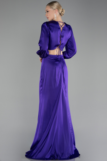 Purple Long Sleeve Cut Out Satin Evening Dress ABU4177