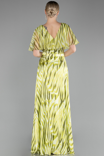 Pistachio Green Short Sleeve Print Long Satin Prom Dress ABU3973