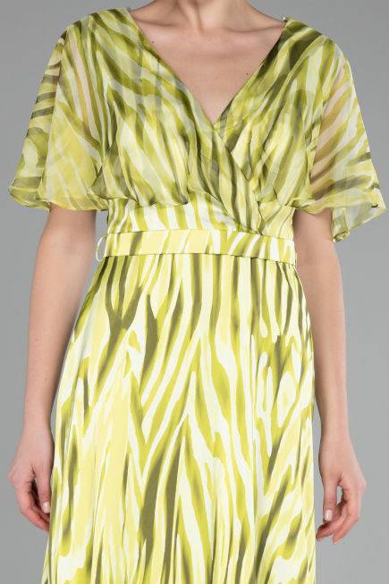 Pistachio Green Short Sleeve Print Long Satin Prom Dress ABU3973