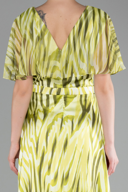 Pistachio Green Short Sleeve Print Long Satin Prom Dress ABU3973