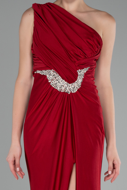 Red One Shoulder Slit Long Evening Dress ABU4116