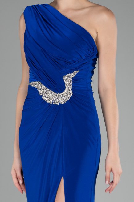 Sax Blue One Shoulder Slit Long Evening Dress ABU4116