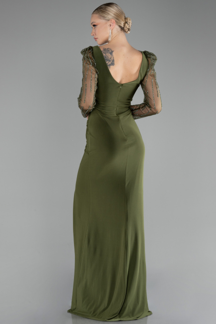 Olive Drab Stoned Long Sleeve Slit Plus Size Evening Gown ABU4119