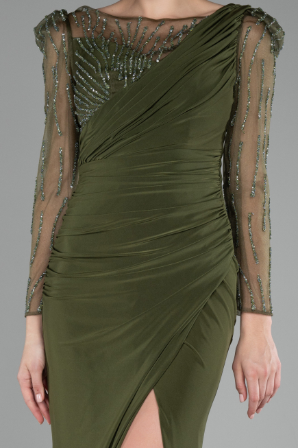 Olive Drab Stoned Long Sleeve Slit Plus Size Evening Gown ABU4119