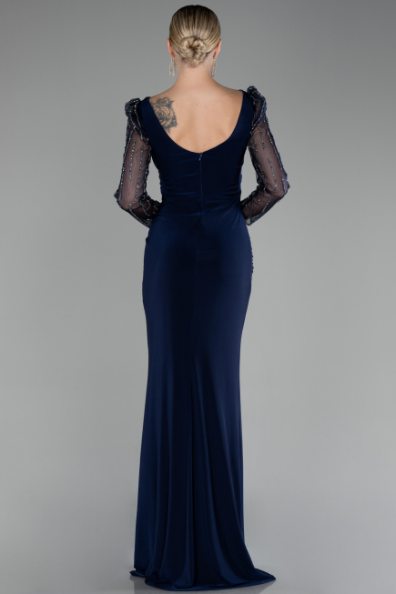 Navy Blue Stoned Long Sleeve Slit Evening Gown ABU4117