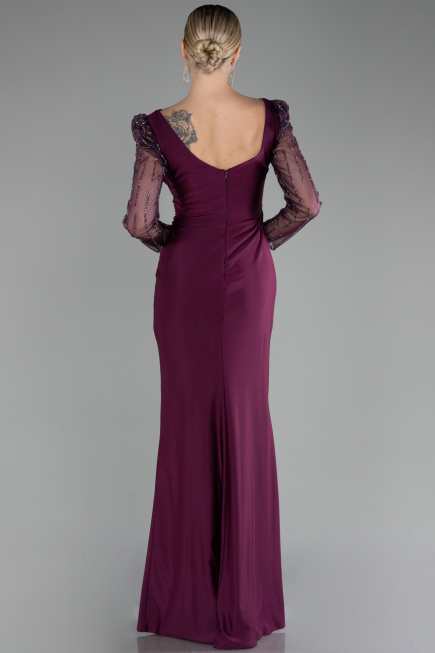 Cherry Colored Stoned Long Sleeve Slit Plus Size Evening Gown ABU4119
