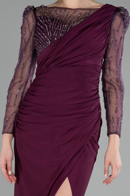 Cherry Colored Stoned Long Sleeve Slit Plus Size Evening Gown ABU4119