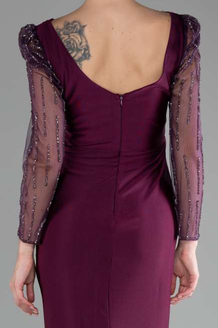 Cherry Colored Stoned Long Sleeve Slit Plus Size Evening Gown ABU4119