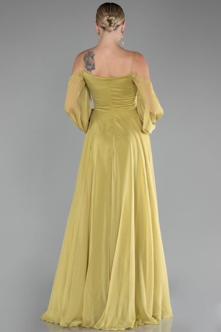 Fıstık Yeşili Shoulder Decollete Long Sleeve Chiffon Prom Dress ABU4165