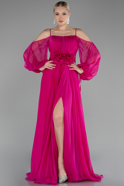 Fuşya Shoulder Decollete Long Sleeve Chiffon Prom Dress ABU4165