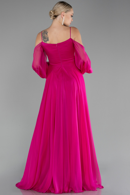 Fuşya Shoulder Decollete Long Sleeve Chiffon Prom Dress ABU4165