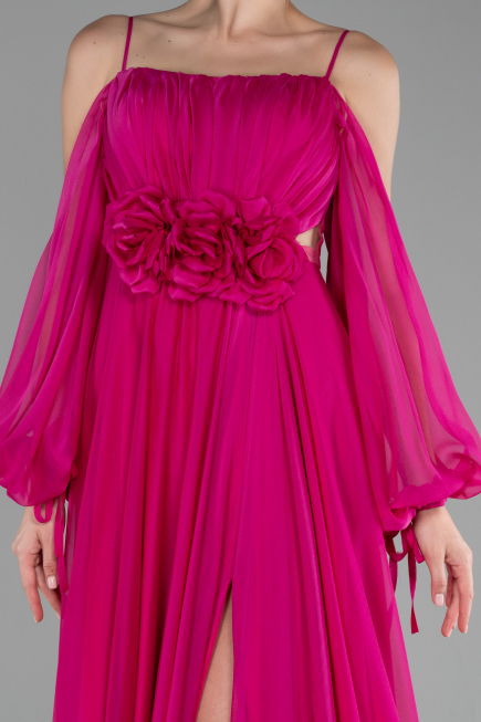 Fuşya Shoulder Decollete Long Sleeve Chiffon Prom Dress ABU4165