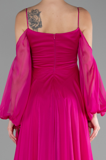 Fuşya Shoulder Decollete Long Sleeve Chiffon Prom Dress ABU4165