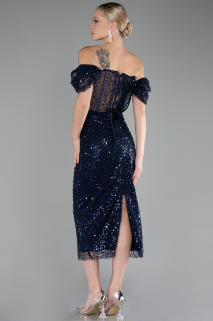 Navy Blue Midi Scaly Cocktail Dress ABK2130