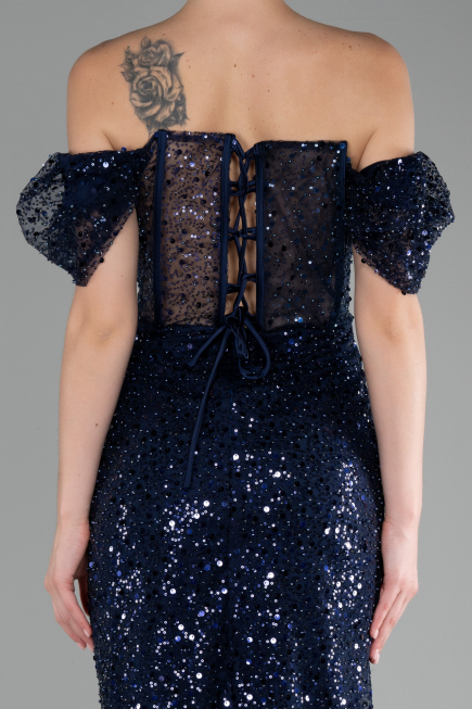 Navy Blue Midi Scaly Cocktail Dress ABK2130
