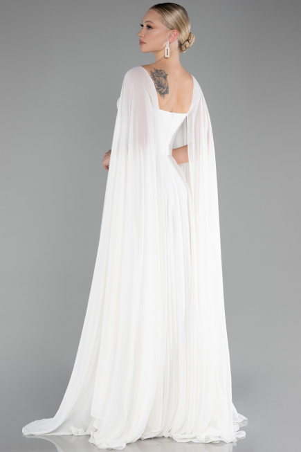 White Strapless Shawl Sleeve Long Chiffon Evening Dress ABU4158
