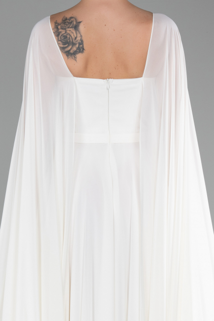 White Strapless Shawl Sleeve Long Chiffon Evening Dress ABU4158