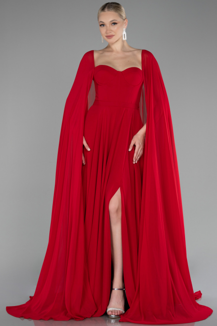 Red Strapless Shawl Sleeve Long Chiffon Evening Dress ABU4158