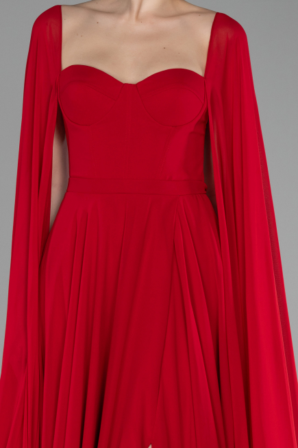 Red Strapless Shawl Sleeve Long Chiffon Evening Dress ABU4158