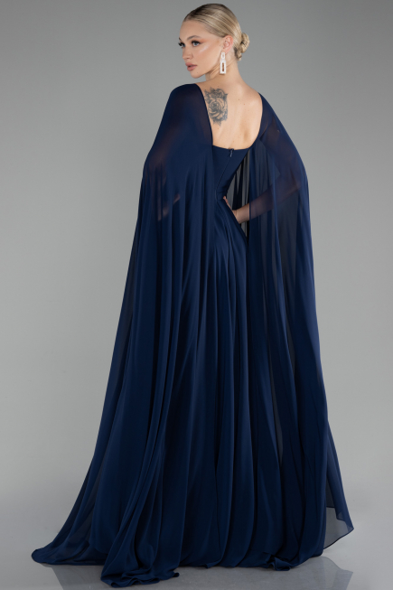 Navy Blue Strapless Shawl Sleeve Long Chiffon Evening Dress ABU4158