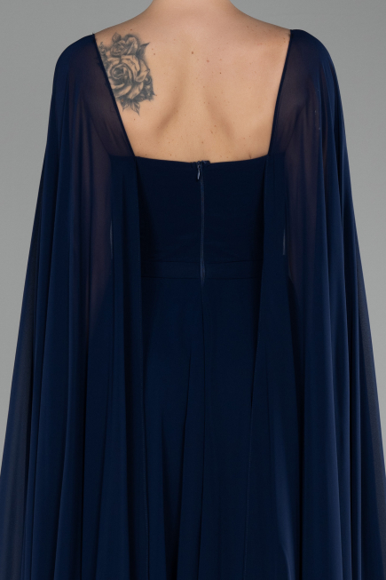 Navy Blue Strapless Shawl Sleeve Long Chiffon Evening Dress ABU4158