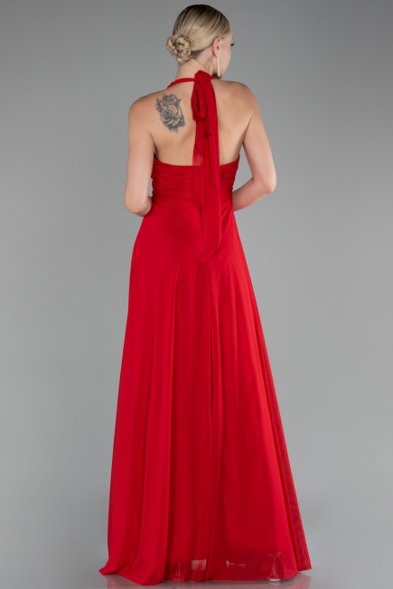 Red Halter Neck Long Chiffon Evening Dress ABU4188