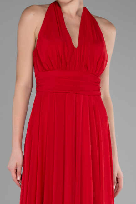 Red Halter Neck Long Chiffon Evening Dress ABU4188