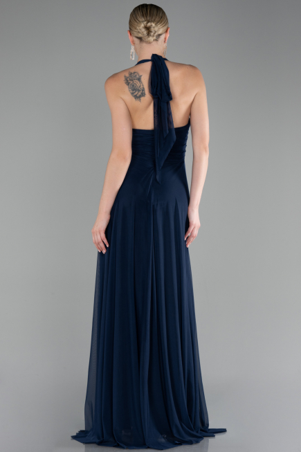 Navy Blue Halter Neck Long Chiffon Evening Dress ABU4188